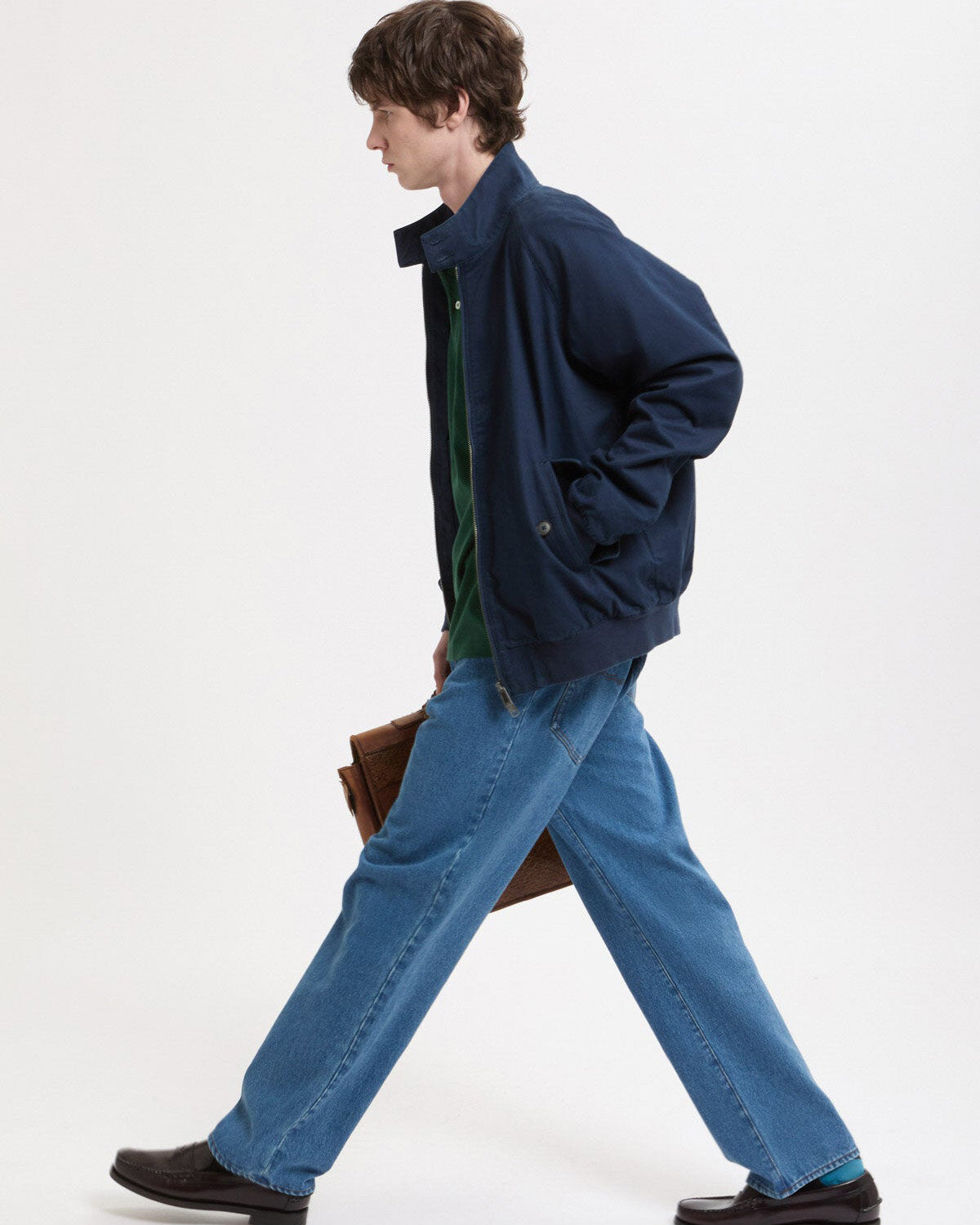 baracuta g9 twill harrington jacket navy worn walking side view