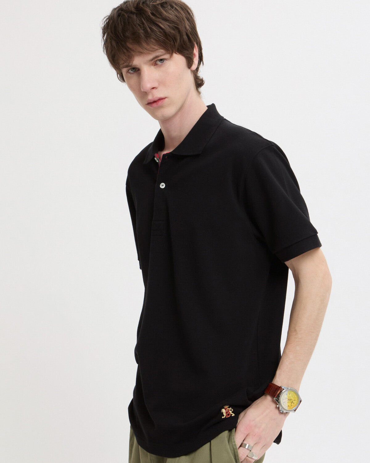 baracuta black polo shirt worn front view on model