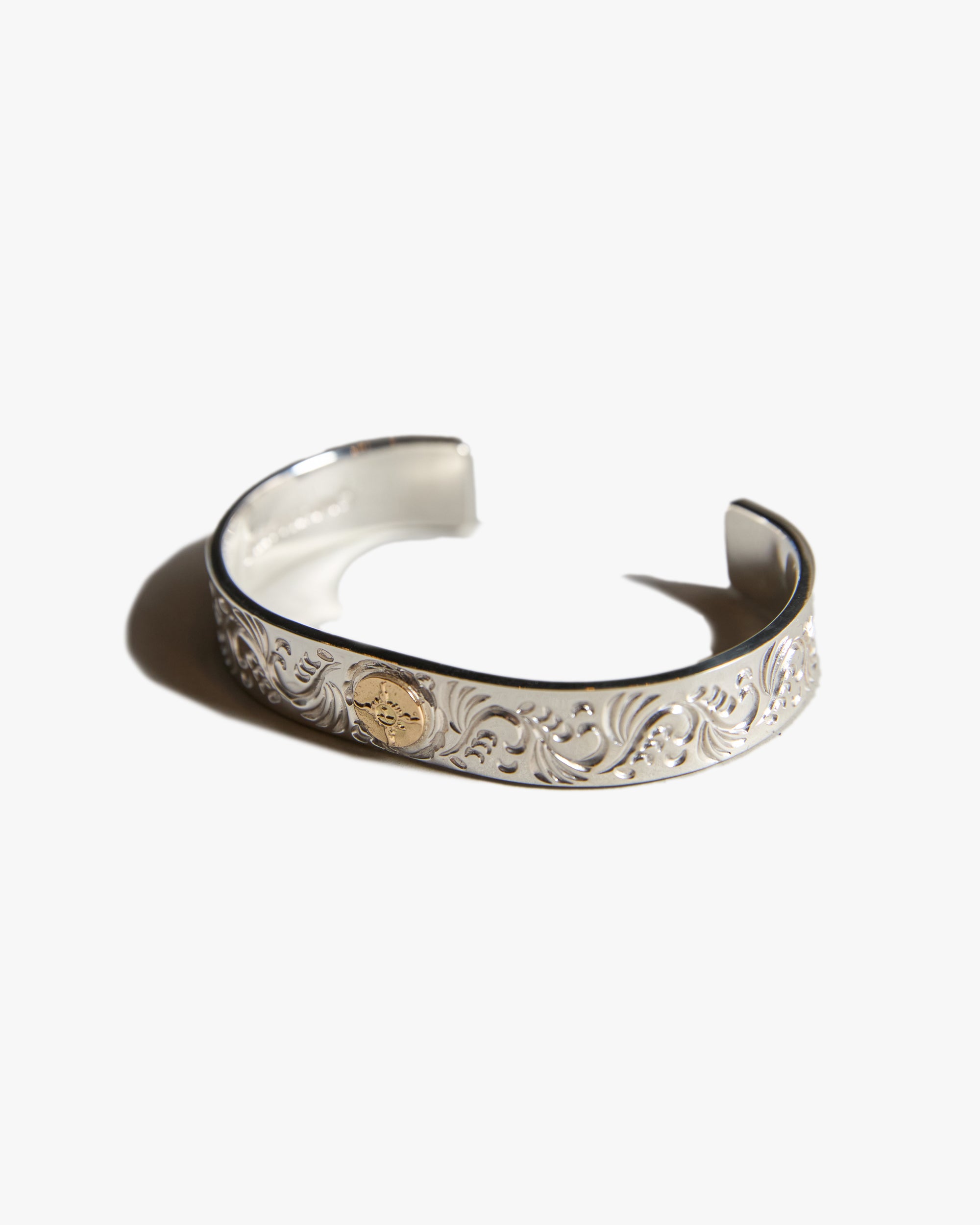 First Arrows BR-026 Silver 12mm Flat Hammered Arabesque Carved Bangle