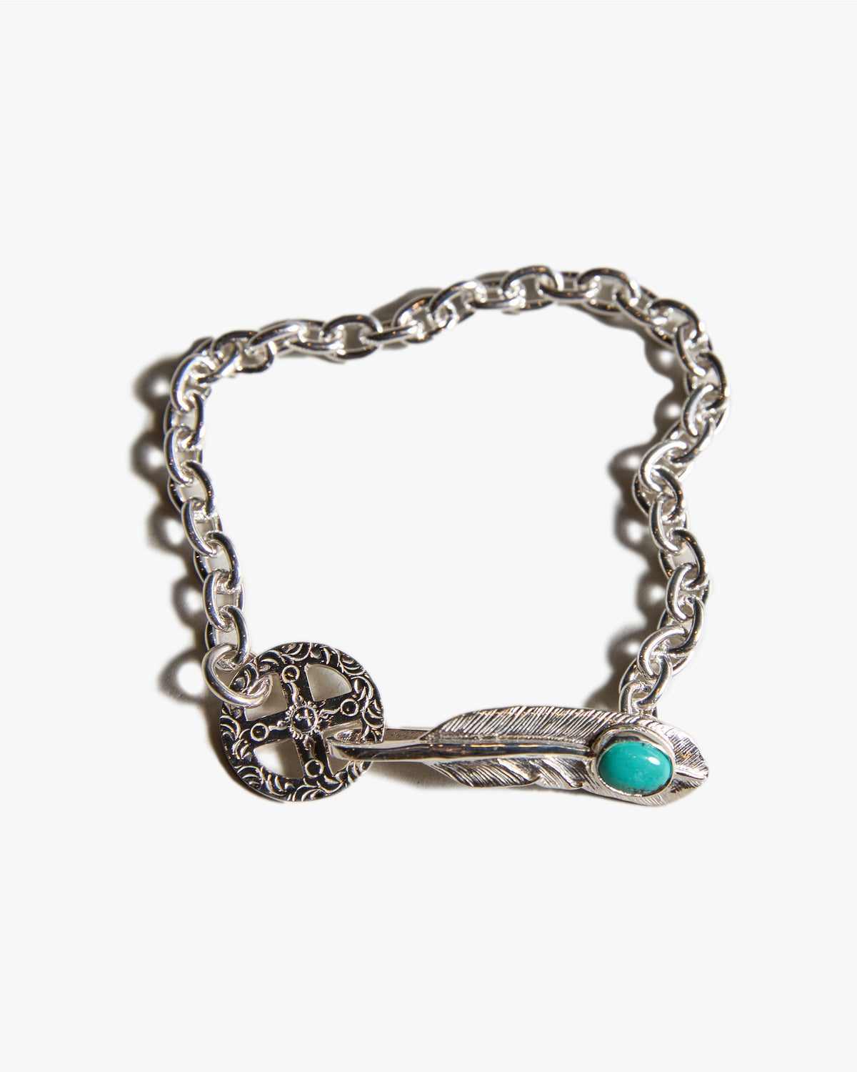 First Arrows BR-307 Turquoise Feather Hook w/ Medicine Wheel Chain Bracelet - Small