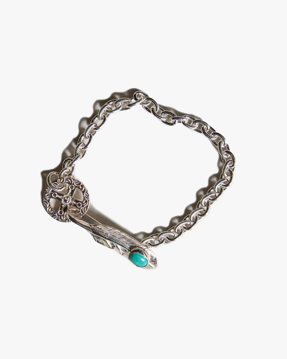 First Arrows BR-307 Turquoise Feather Hook w/ Medicine Wheel Chain Bracelet - Small