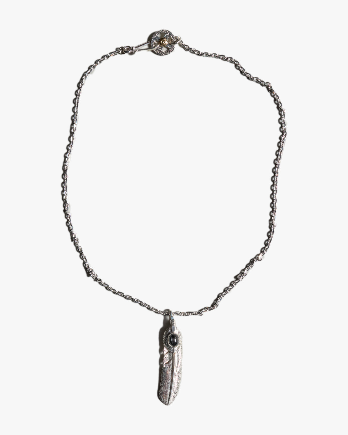 First Arrows O-063+P-077C Small Silver Chain w/ K18 Medicine Wheel & P-359L Large Silver Black Star Heart Feather Pendant - 60cm
