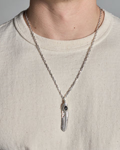 First Arrows O-063+P-077C Small Silver Chain w/ K18 Medicine Wheel & P-359L Large Silver Black Star Heart Feather Pendant - 60cm