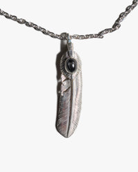First Arrows O-063+P-077C Small Silver Chain w/ K18 Medicine Wheel & P-359L Large Silver Black Star Heart Feather Pendant - 60cm