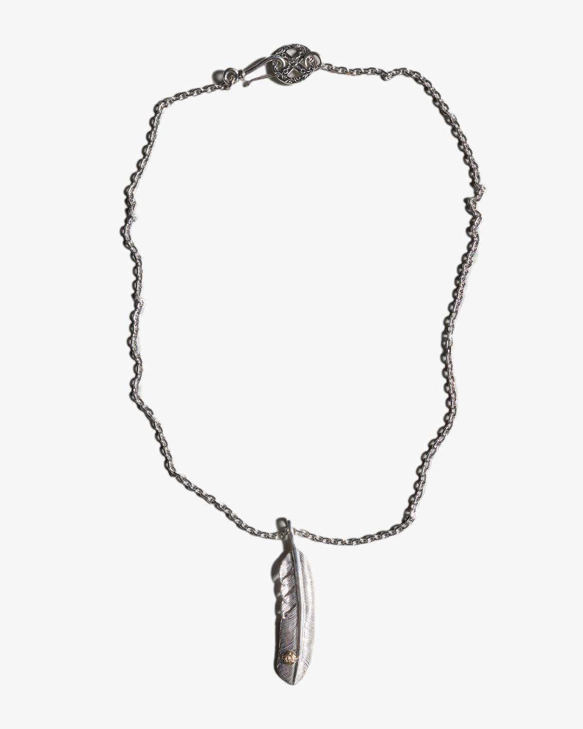 First Arrows O-063+P-234C Small Silver Chain w/ Medicine Wheel & P-704L Small K18 Silver Feather Pendant - 60cm | First Arrows Jewellery | JEANSTORE