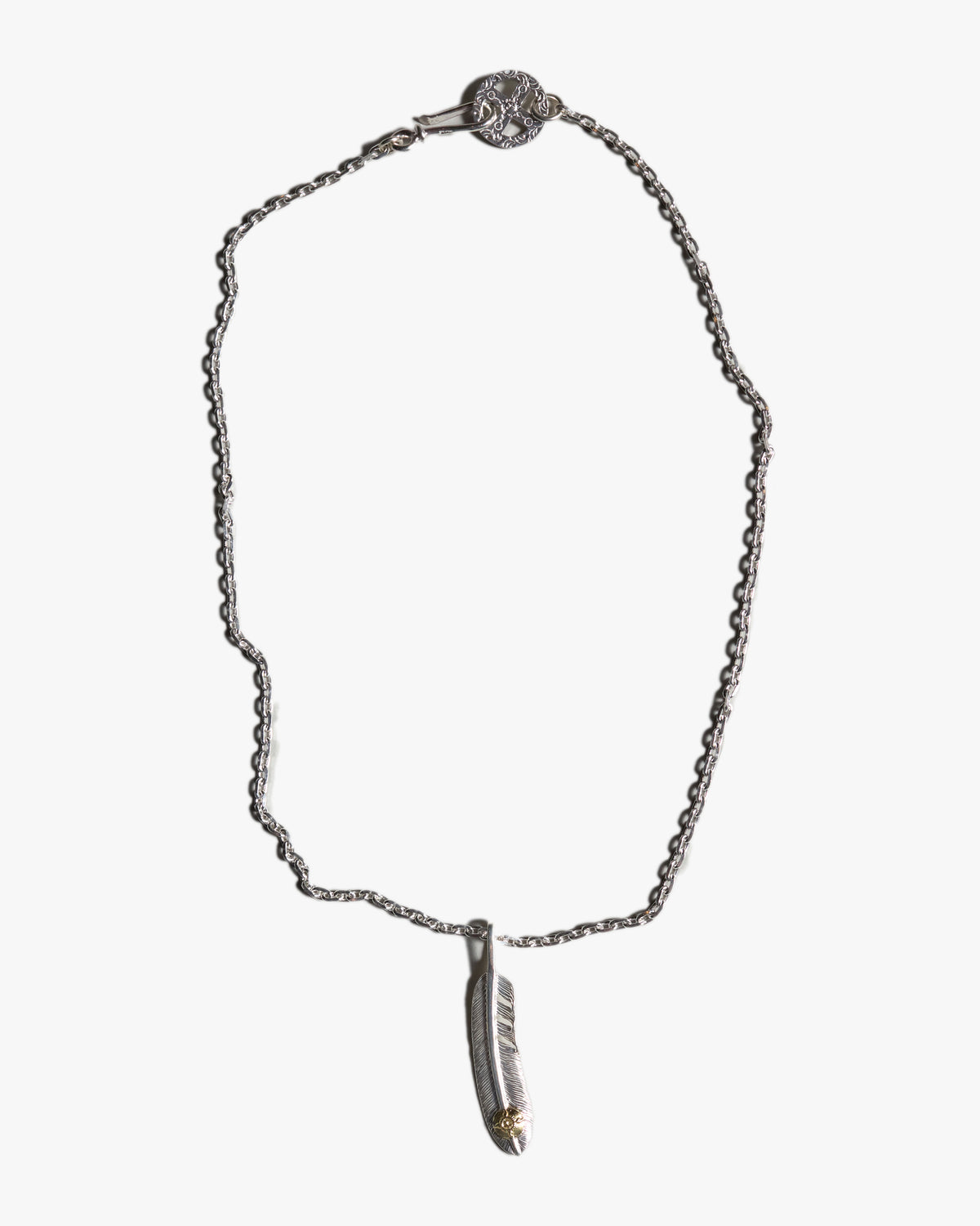 First Arrows O-063+P-234 Small Silver Chain w/ Medicine Wheel & P-520R Medium K18 Silver Feather Pendant - 55cm
