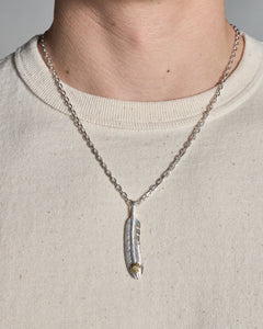 First Arrows O-063+P-234 Small Silver Chain w/ Medicine Wheel & P-520R Medium K18 Silver Feather Pendant - 55cm