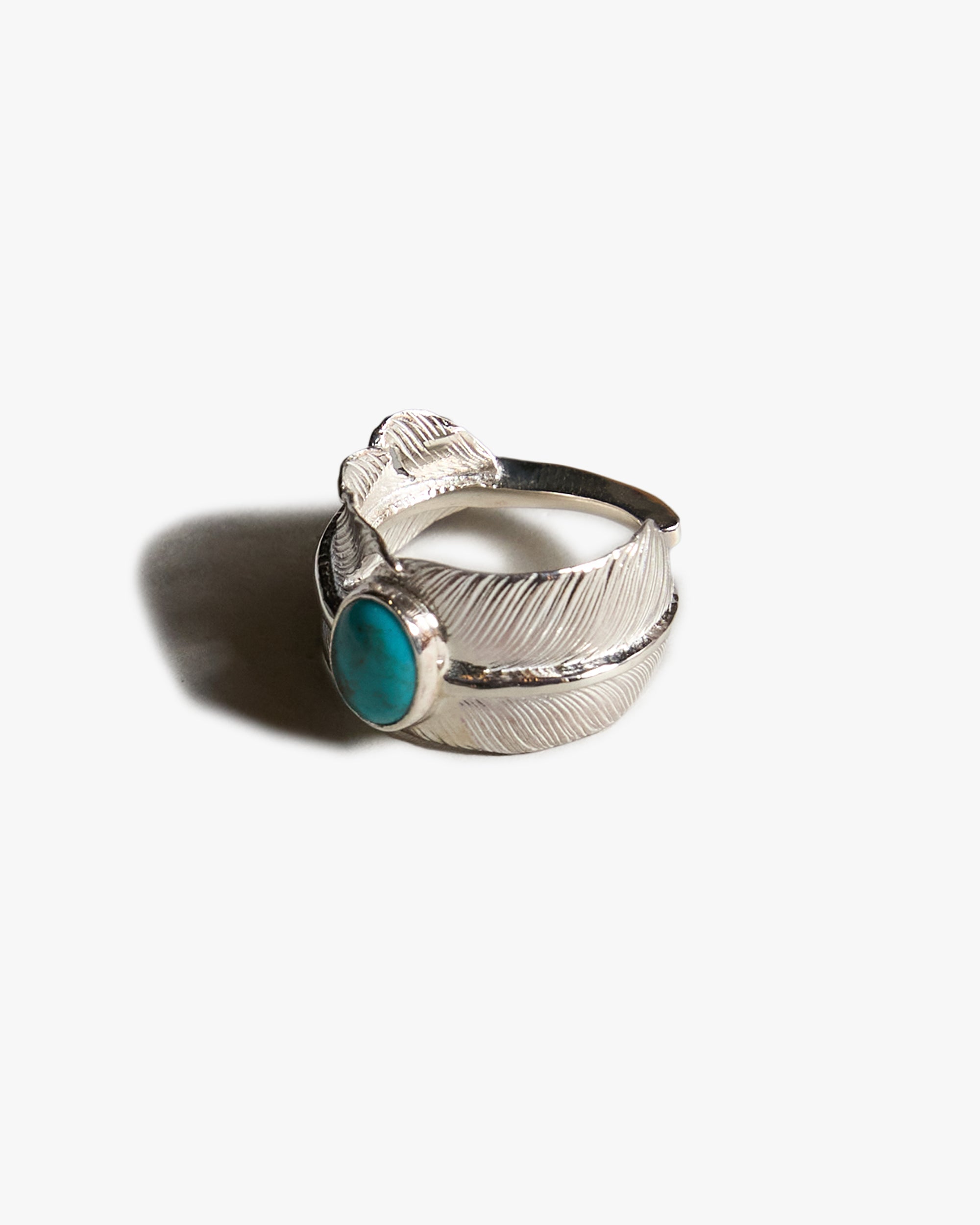 First Arrows R-016 Silver Large Feather Ring w/ Turquoise - #19