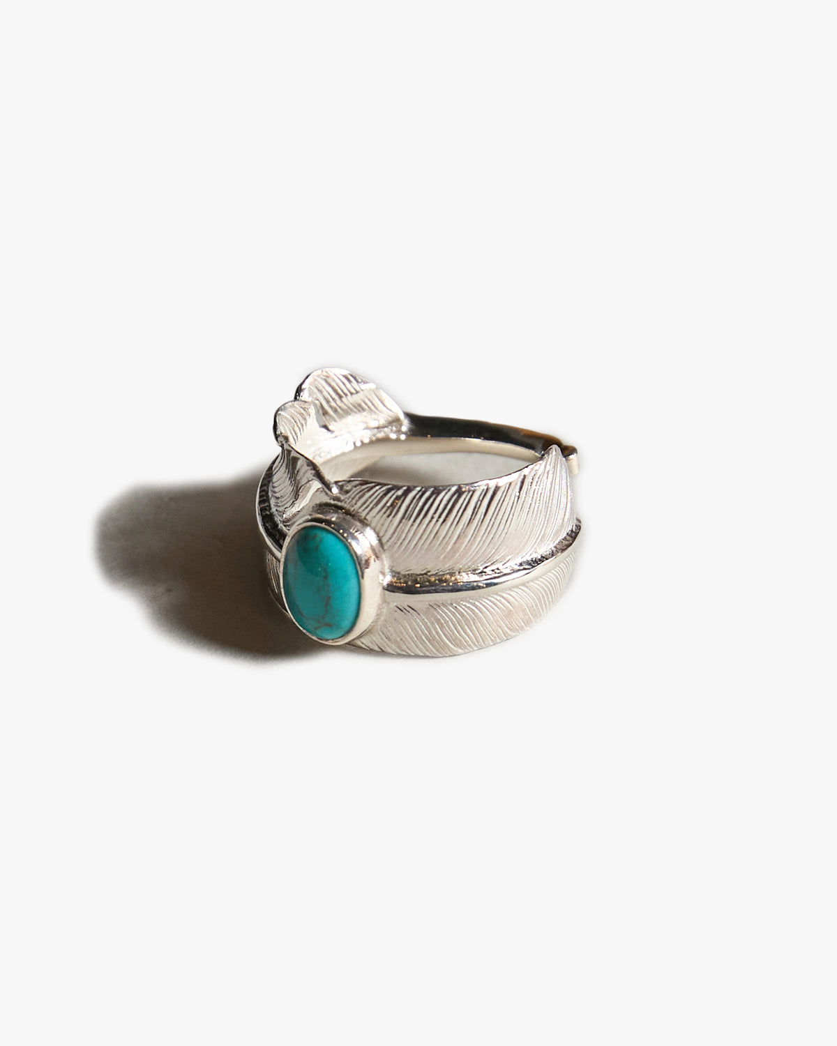 First Arrows R-016 Silver Large Feather Ring w/ Turquoise - #20