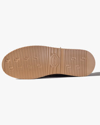 Close-up of a shoe sole with a brand logo on a white background