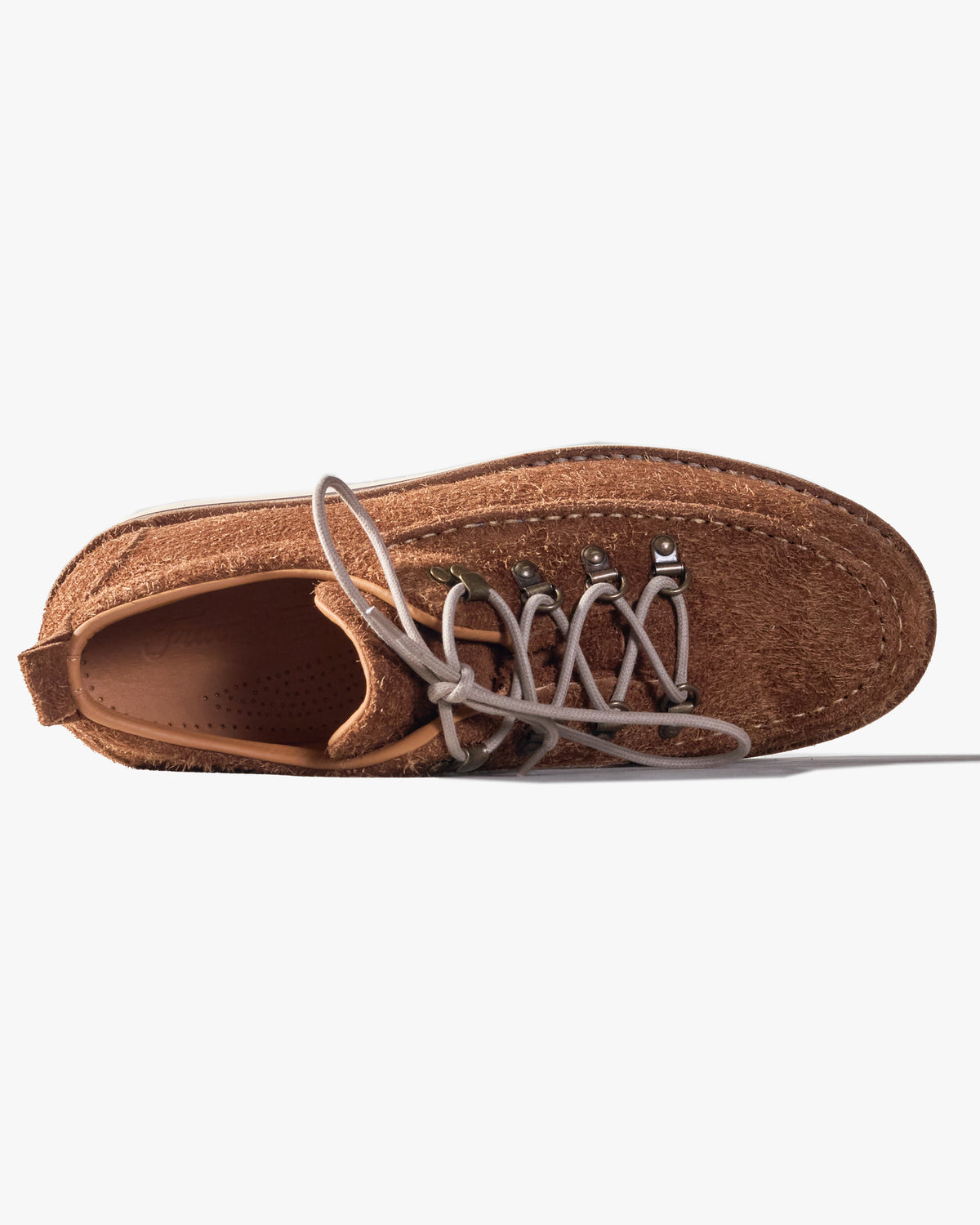 Brown suede Fracap shoe with gray laces on a white background