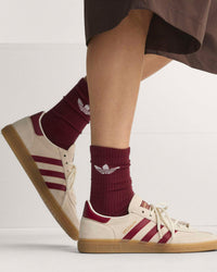 Adidas Handball Spezial 'Spain' Trainers- Off White worn w red sock, from side