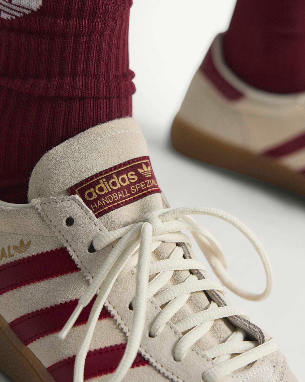 Adidas Handball Spezial 'Spain' Trainers- Off White - worn by model, detail view