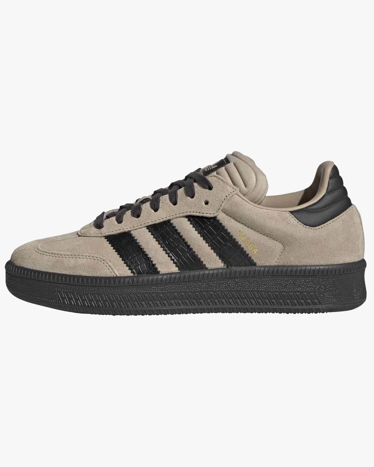 adidas samba xlg trainers khaki with black stripes from side against white background