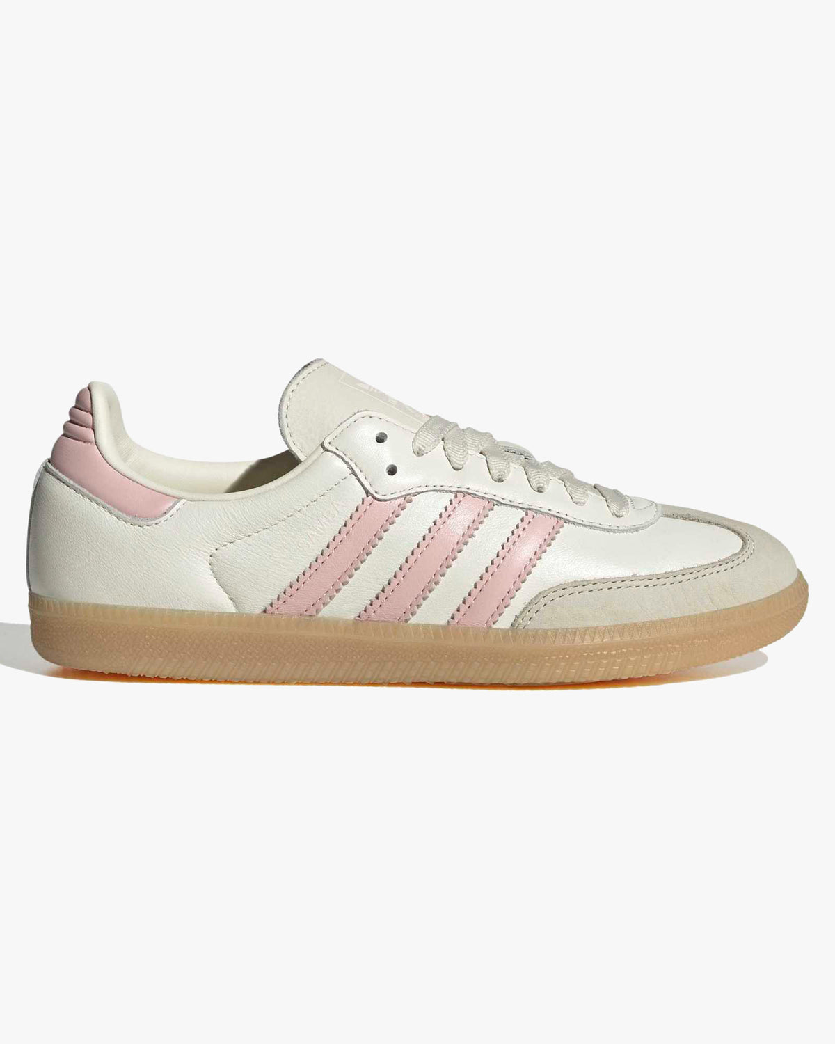 adidas samba og womens trainers white and pink with gum sole detail at an angle