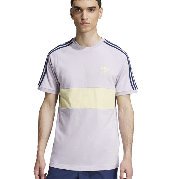 adidas 3 stripes panel t shirt grey yellow front view worn on model