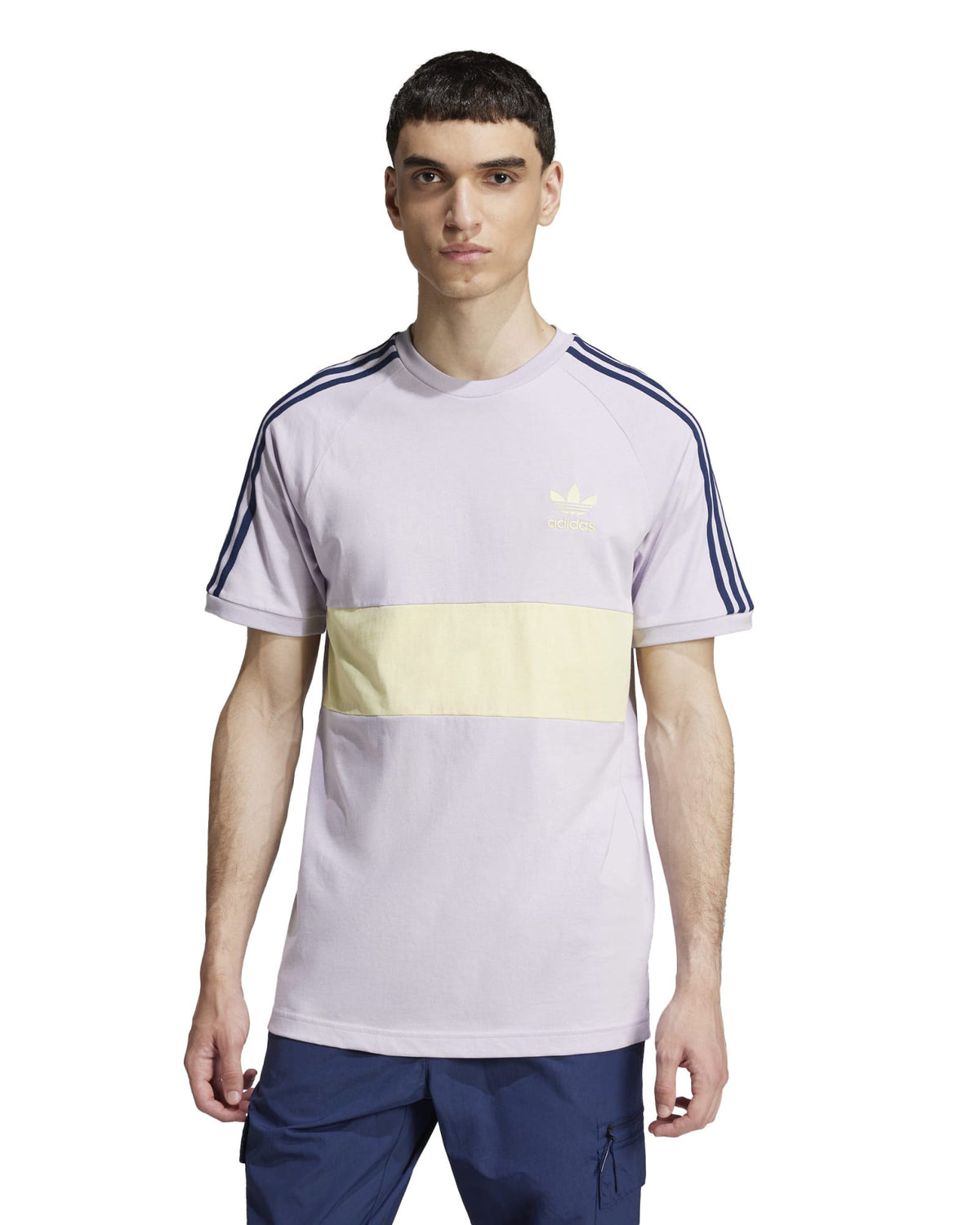 adidas 3 stripes panel t shirt grey yellow front view worn on model