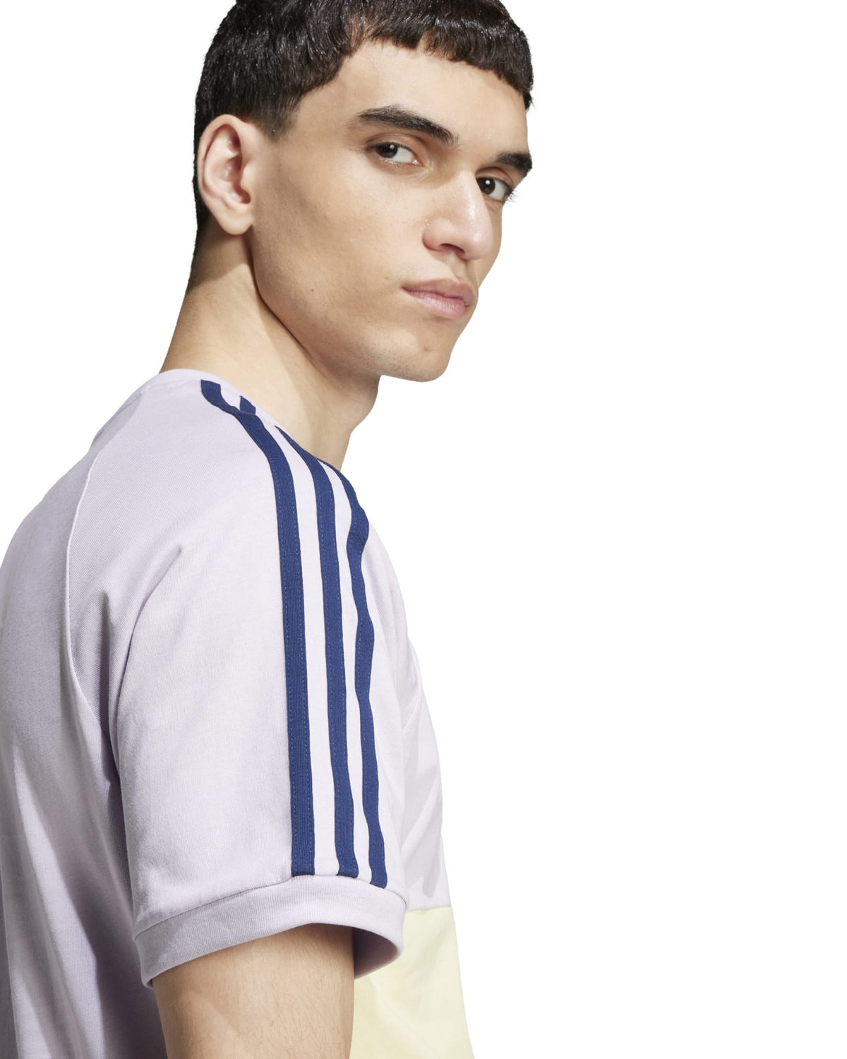 adidas 3 stripes panel t shirt grey yellow side angle worn on model