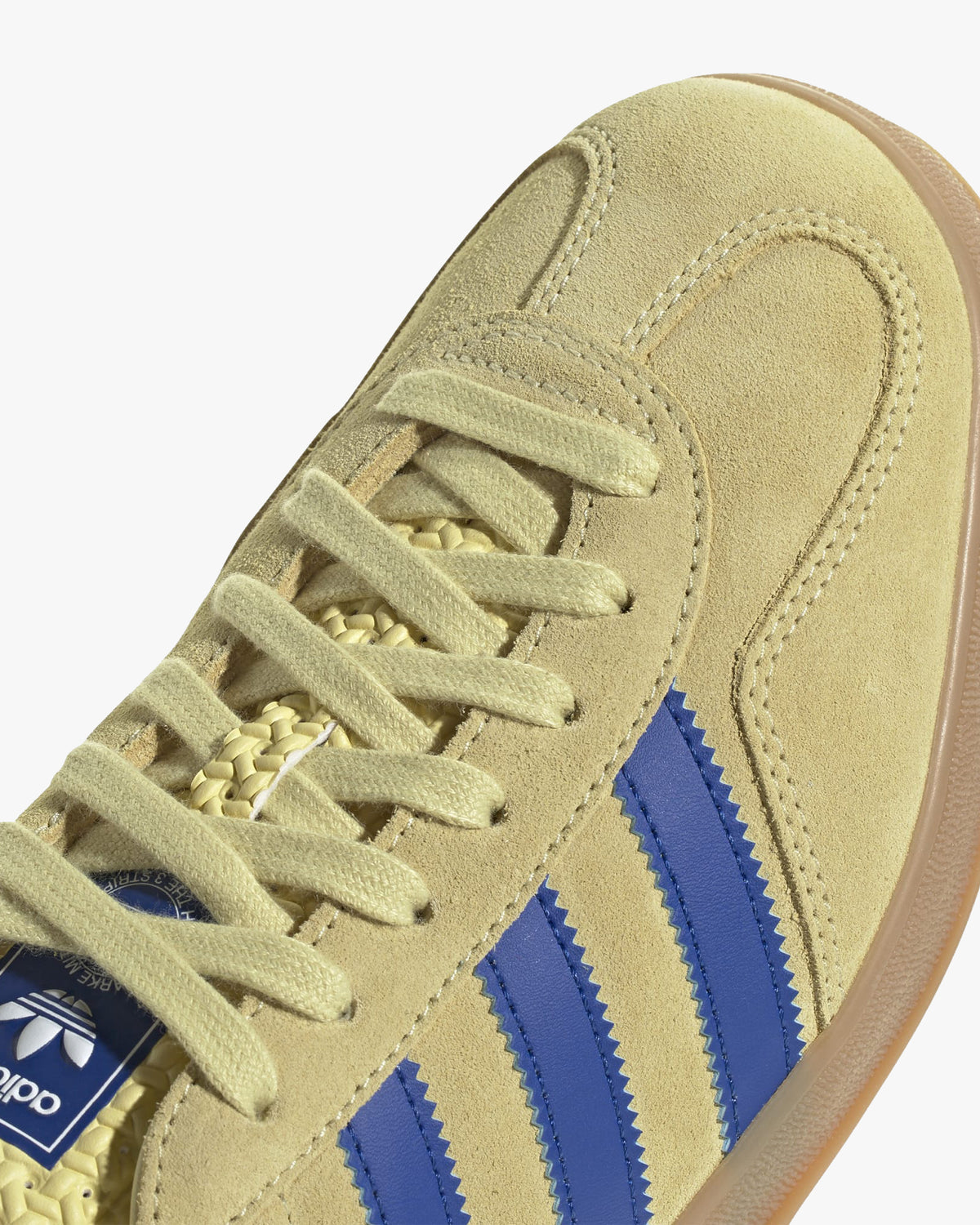 adidas gazelle indoor trainers yellow and blue top view showing lace and tongue detail