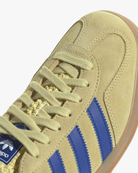 adidas gazelle indoor trainers yellow and blue top view showing lace and tongue detail