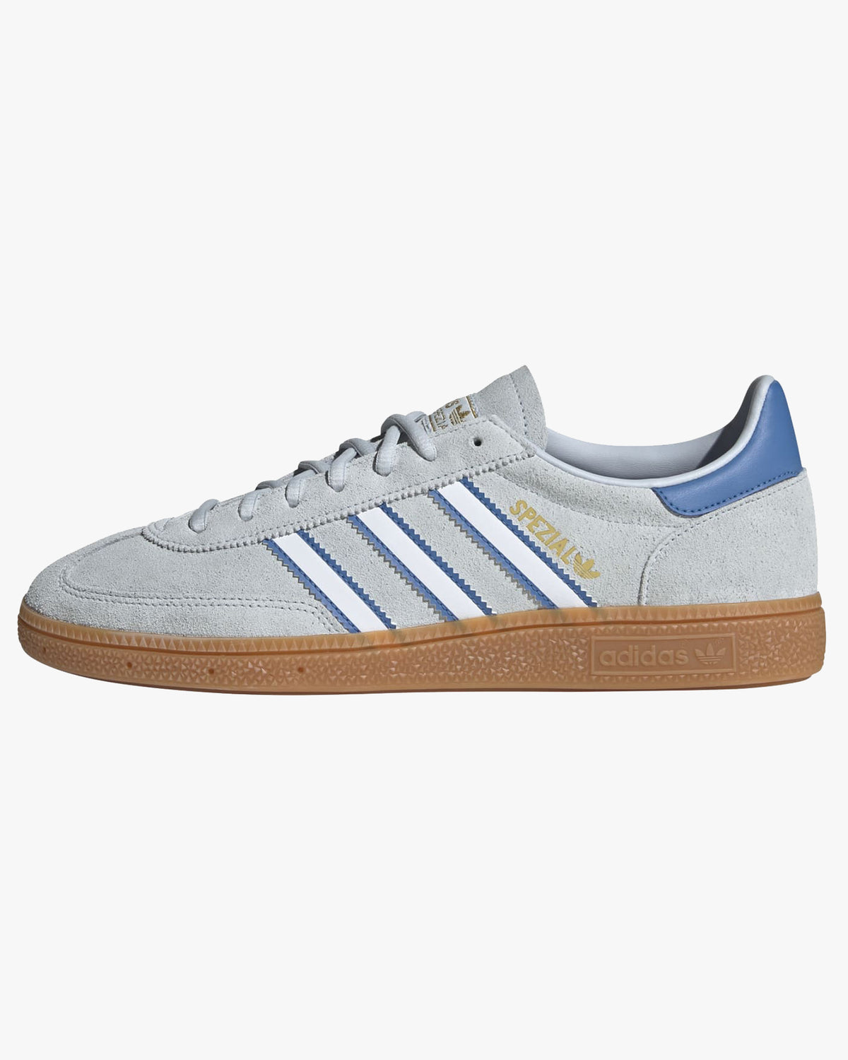 adidas handball spezial trainers white with blue stripes from side against white background
