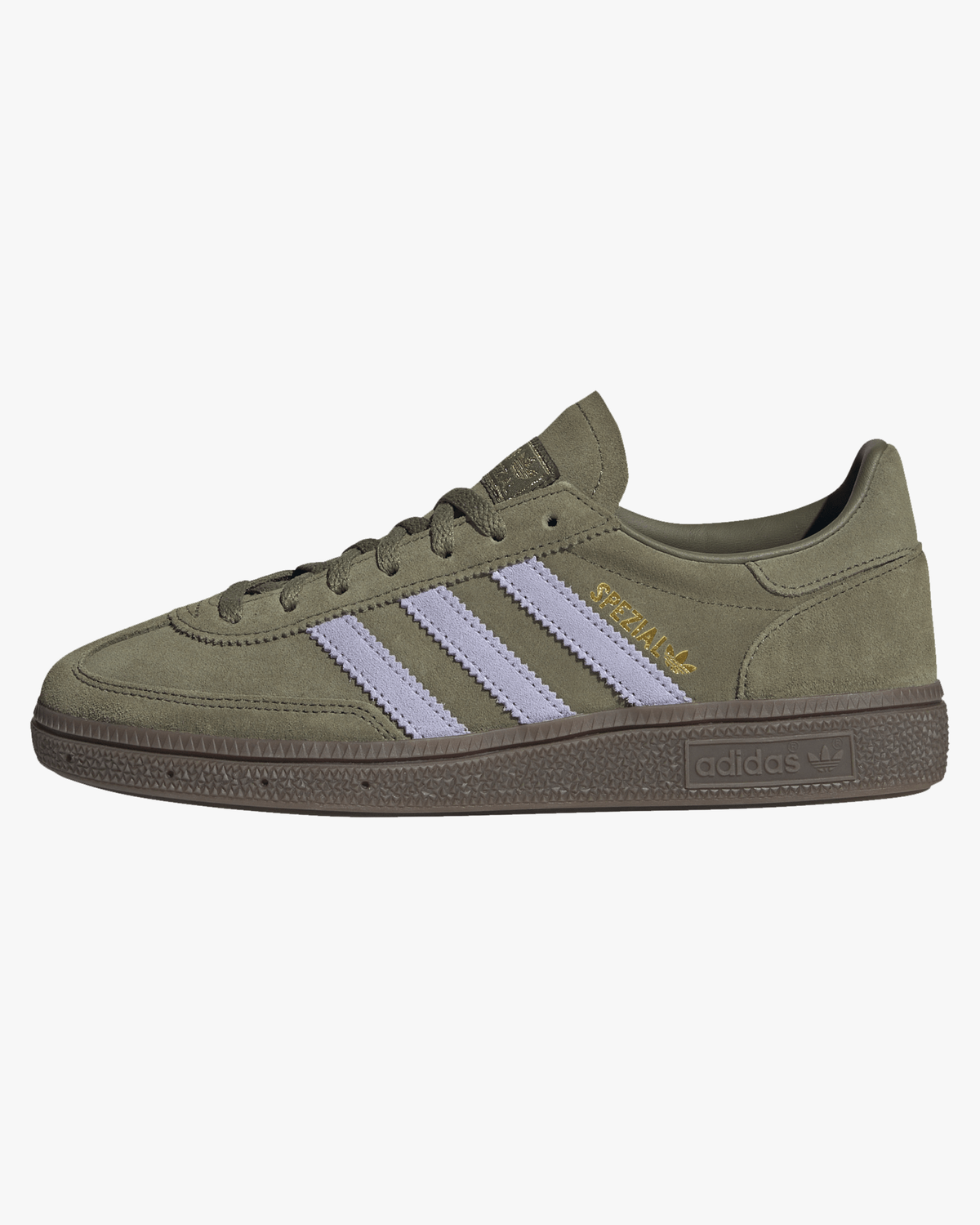 adidas handball spezial womens trainers olive with purple stripes and gum sole side view