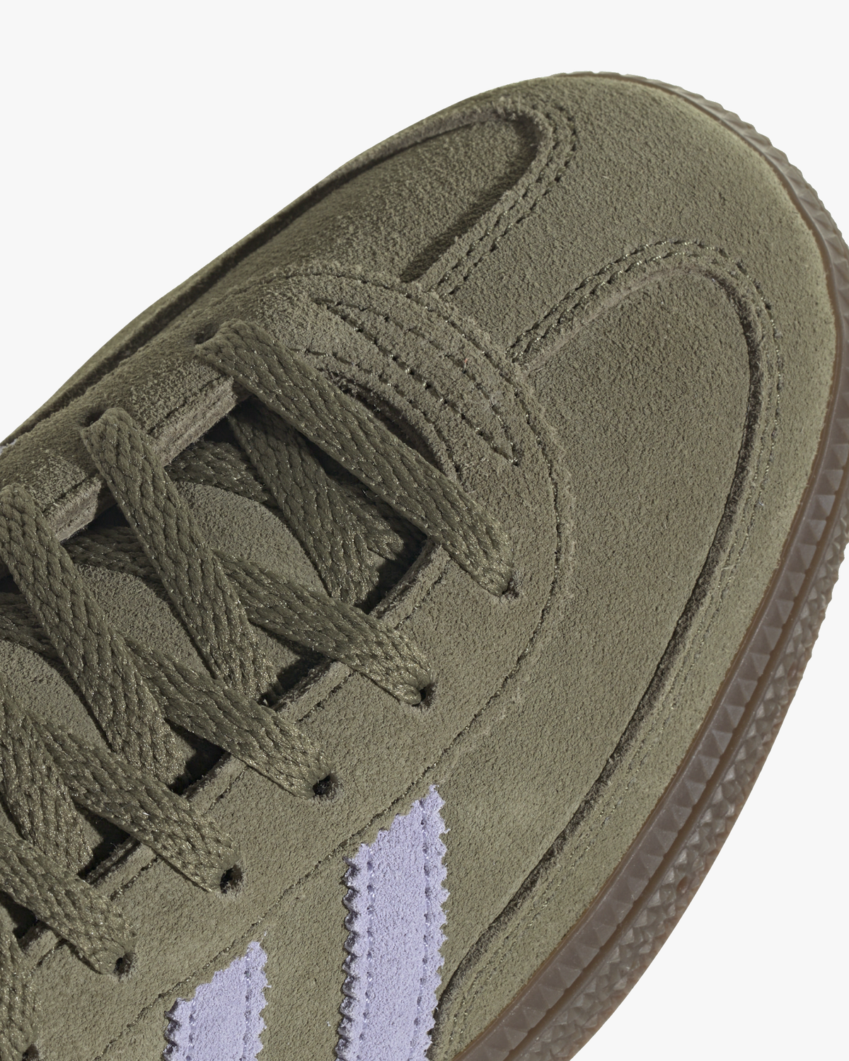 adidas handball spezial womens trainers olive purple stripe and gum sole detail close up