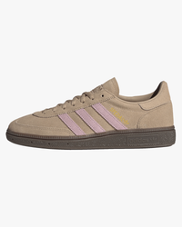 adidas handball spezial womens trainers beige with pink stripes and gum sole side view
