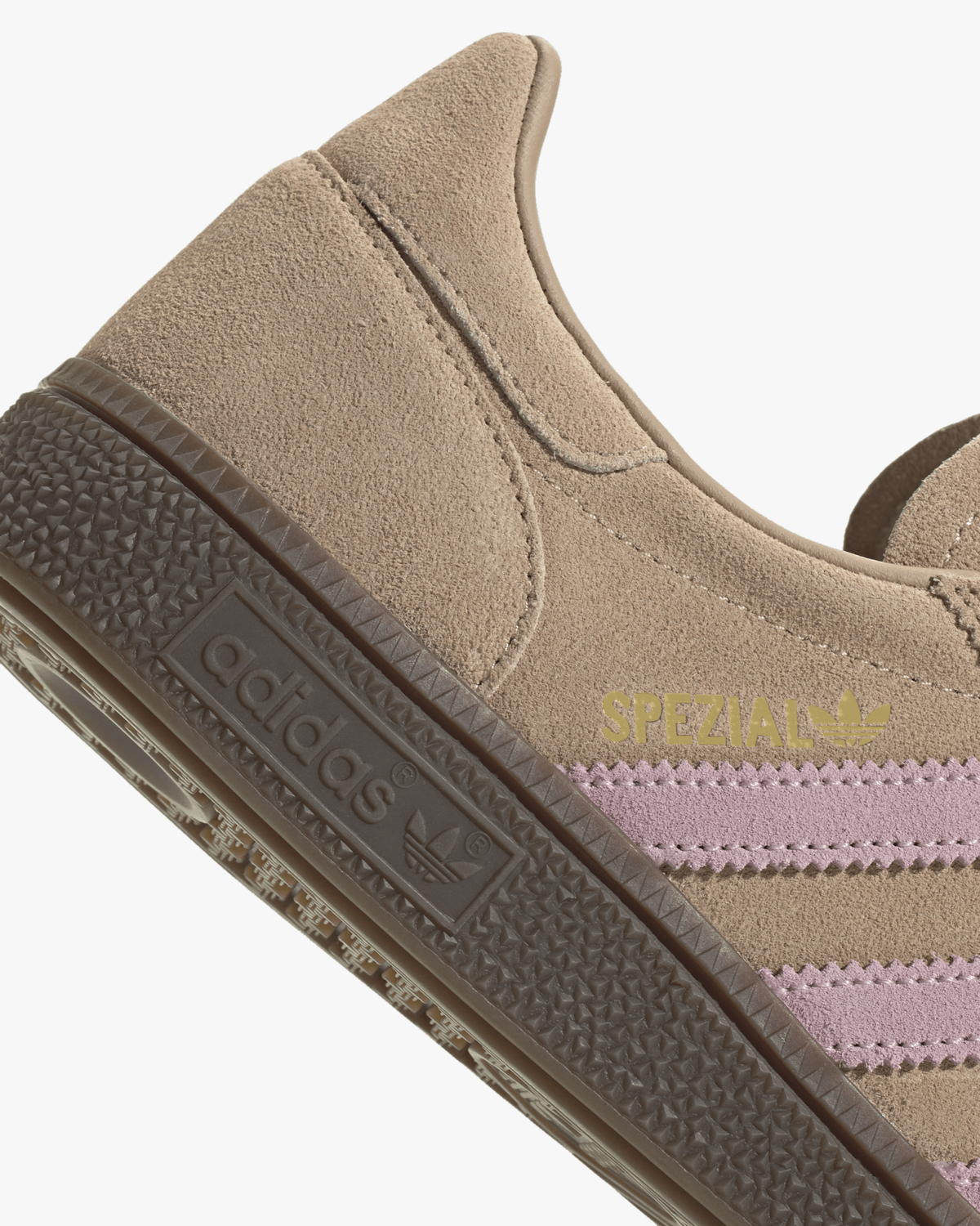 adidas handball spezial womens trainers beige pink stripe and gum sole detail close up