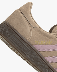 adidas handball spezial womens trainers beige pink stripe and gum sole detail close up