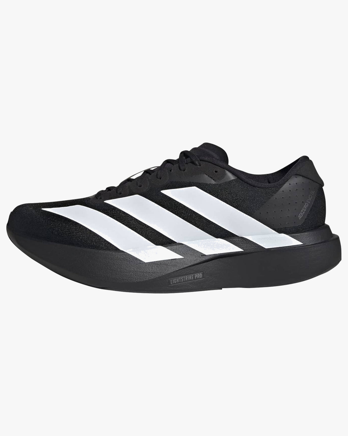adidas adizero evo sl trainers black with white stripes on white background