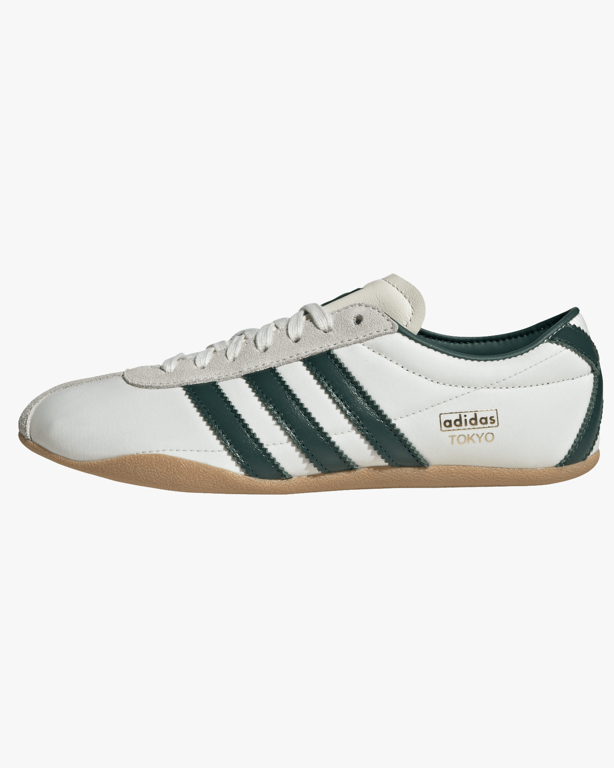 adidas womens tokyo trainers white with green stripes and gum sole side view / white background