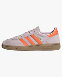adidas handball spezial womens trainers pink with orange stripes and gum sole side view