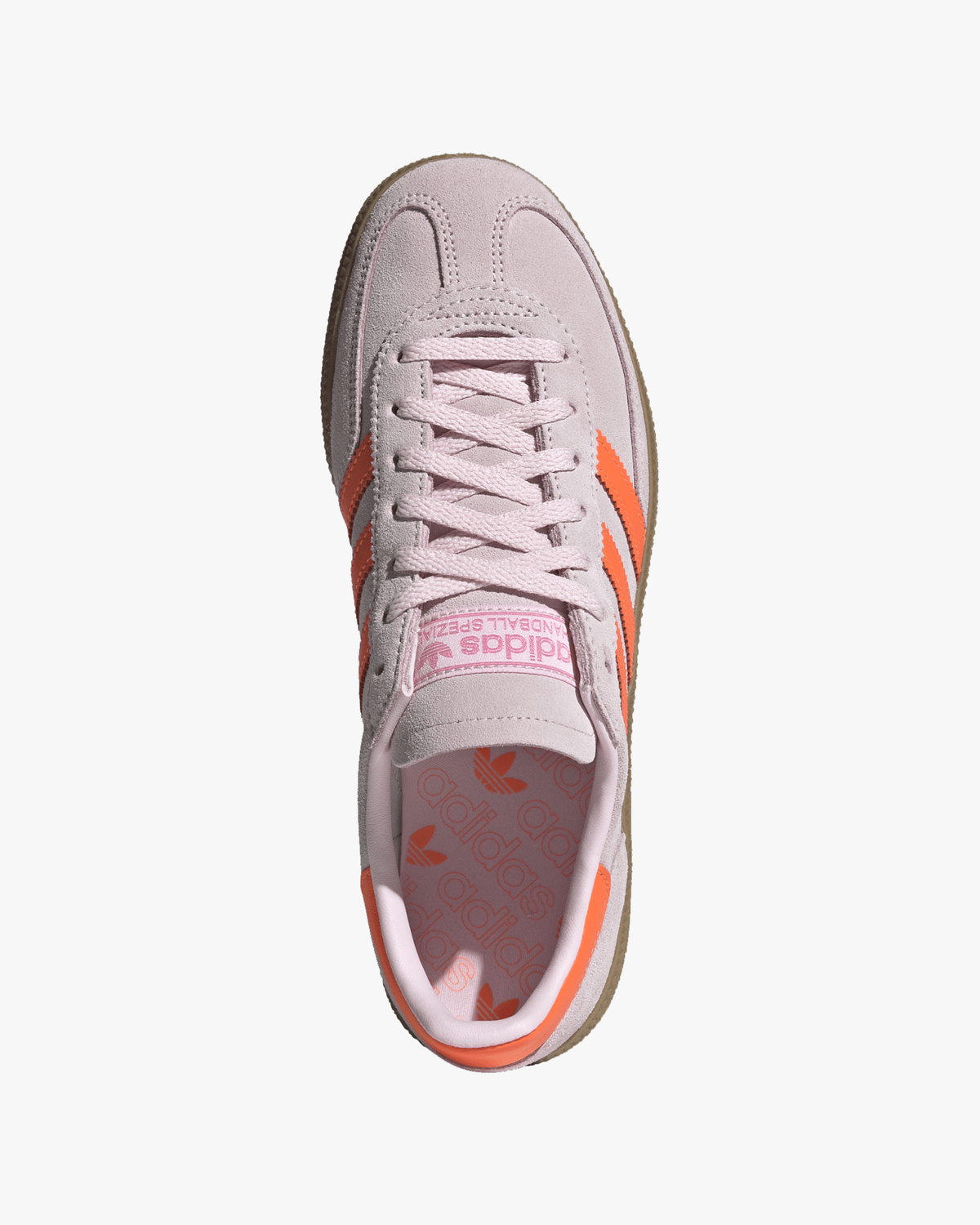 adidas handball spezial womens trainers pink top view showing laces and suede upper