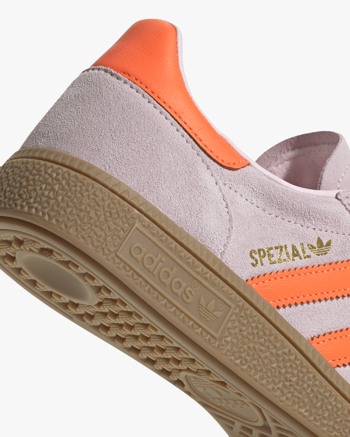 adidas handball spezial womens trainers gum sole and orange stripe detail close up