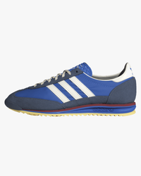 adidas womens sl72 og trainers blue with navy stripes side view against white background
