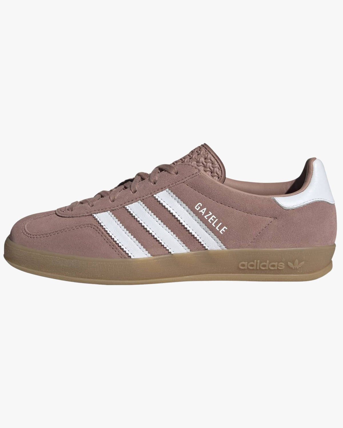 adidas gazelle indoor womens trainers pink with white stripes and gum sole against white background