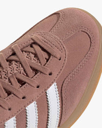 adidas gazelle indoor womens trainers pink suede upper top view showing lace and texture detail