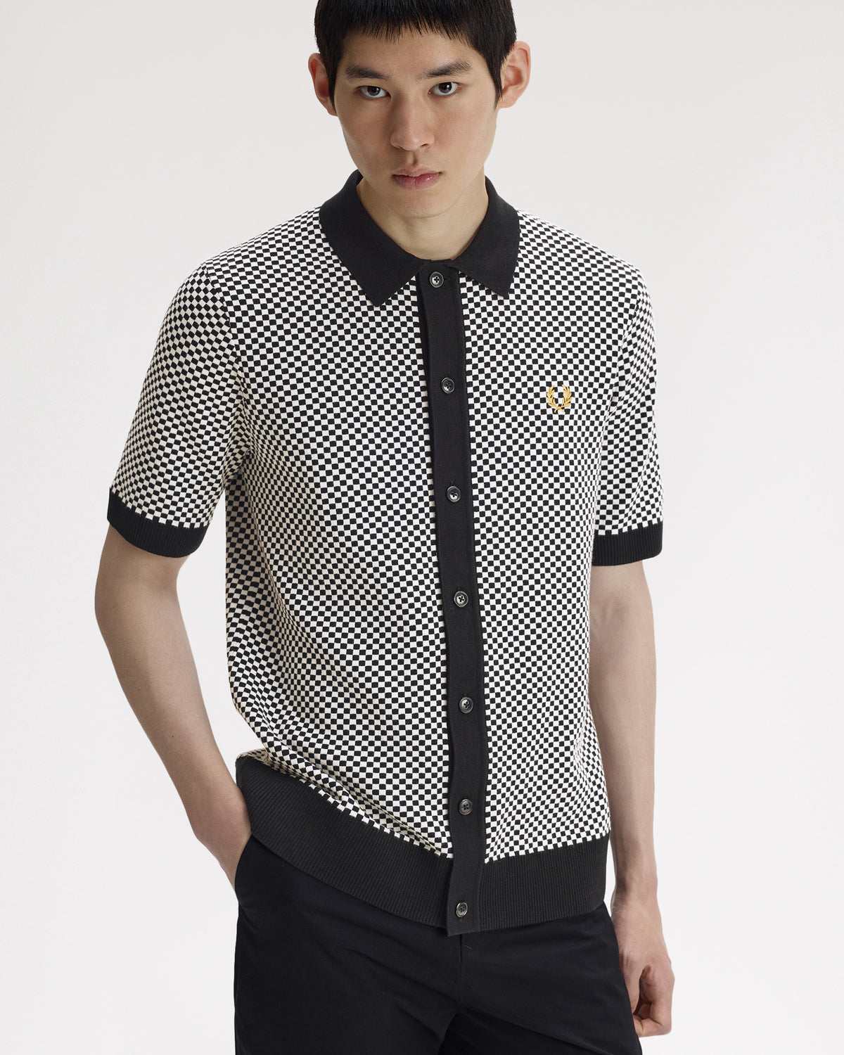 Fred Perry Chequerboard Button Through Knitted Shirt - Black
