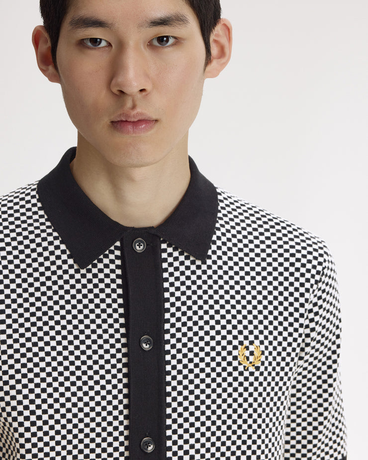 Fred Perry Chequerboard Button Through Knitted Shirt - Black