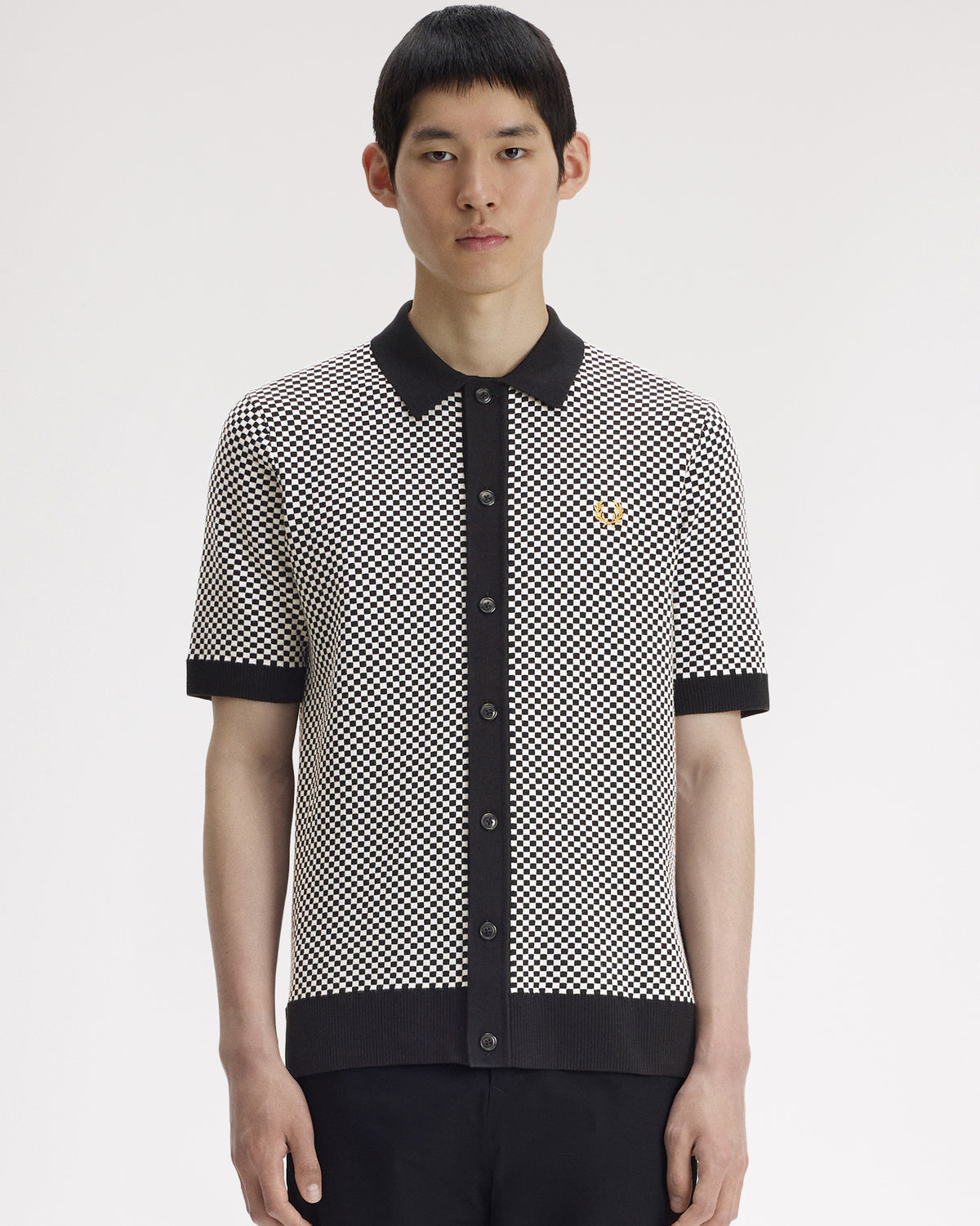 Fred Perry Chequerboard Button Through Knitted Shirt - Black