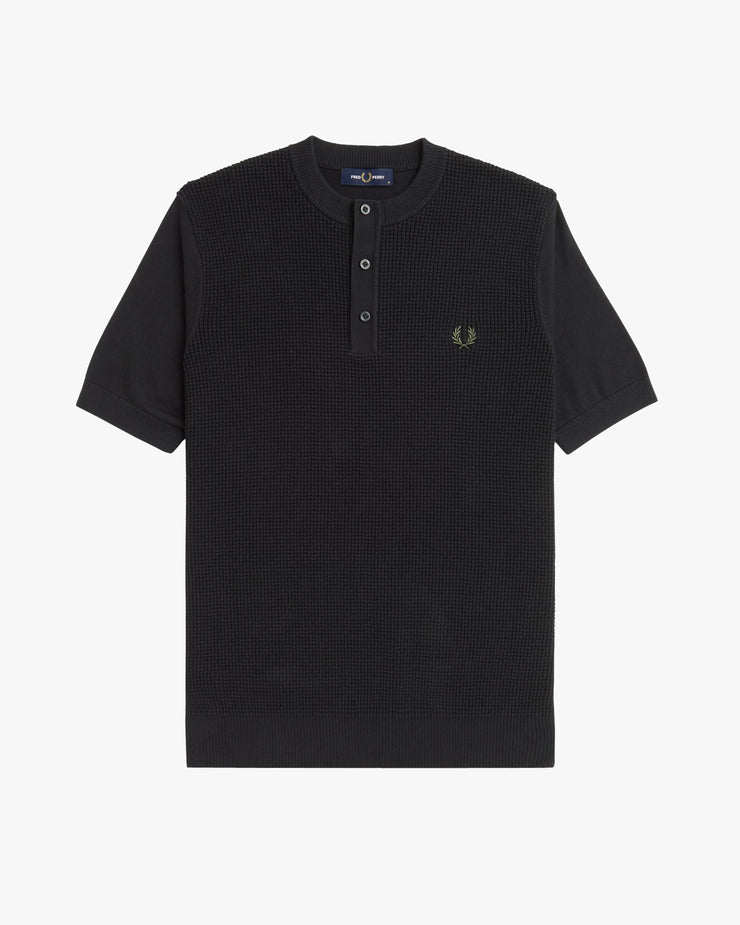 Fred Perry Waffle Stitch Henley Shirt - Black