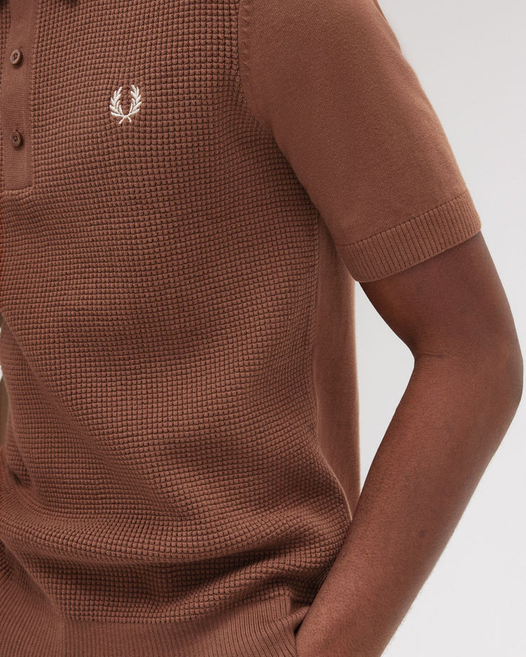 Fred Perry Waffle Stitch Knitted Polo Shirt - Whisky Brown