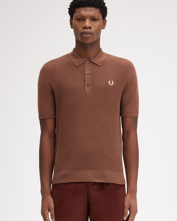 Fred Perry Waffle Stitch Knitted Polo Shirt - Whisky Brown