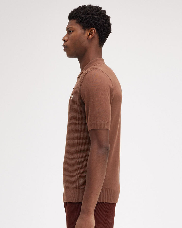 Fred Perry Waffle Stitch Knitted Polo Shirt - Whisky Brown