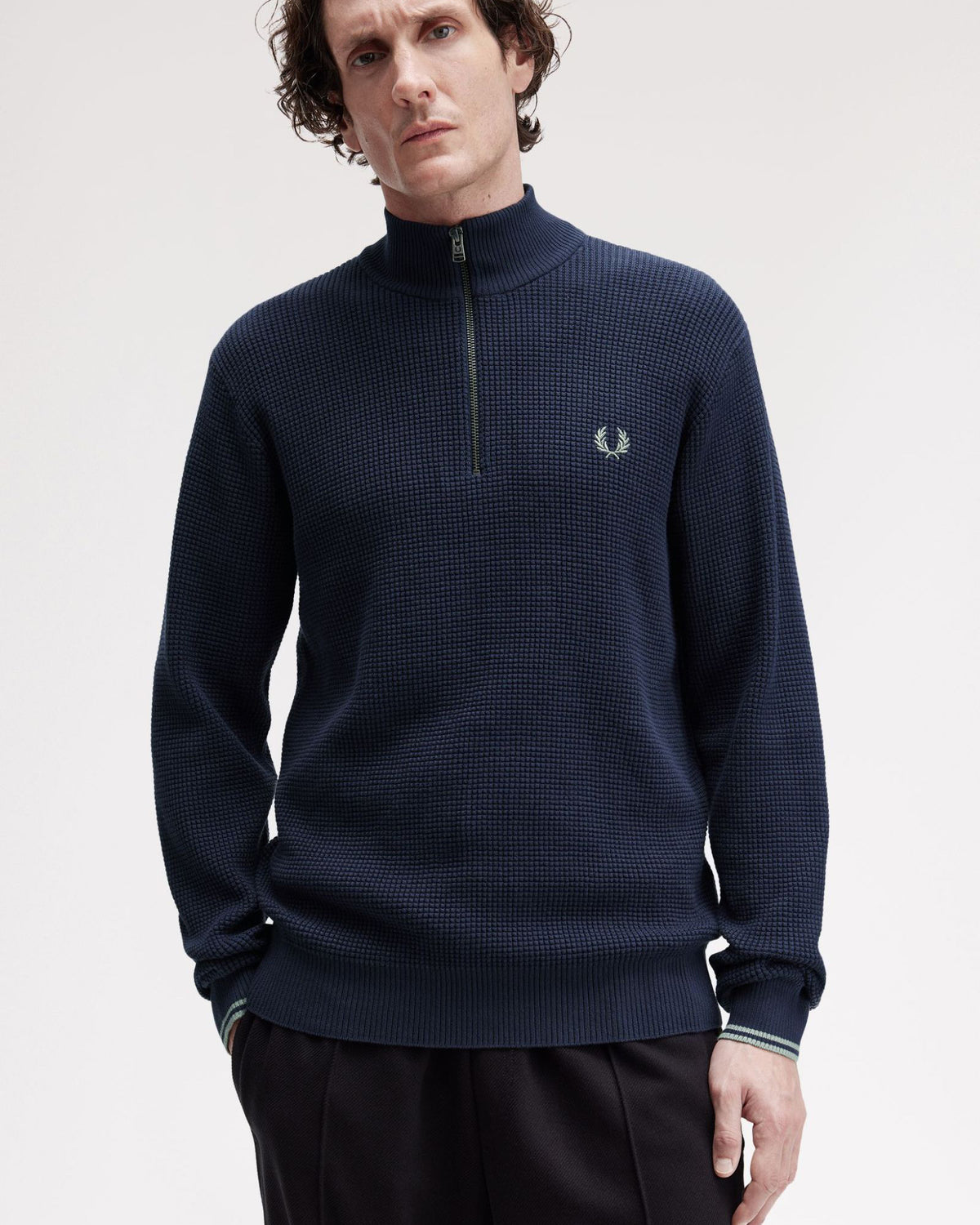 Fred Perry Waffle Stitch Half Zip Jumper - Dark Airforce | Fred Perry Sweaters & Knitwear | JEANSTORE