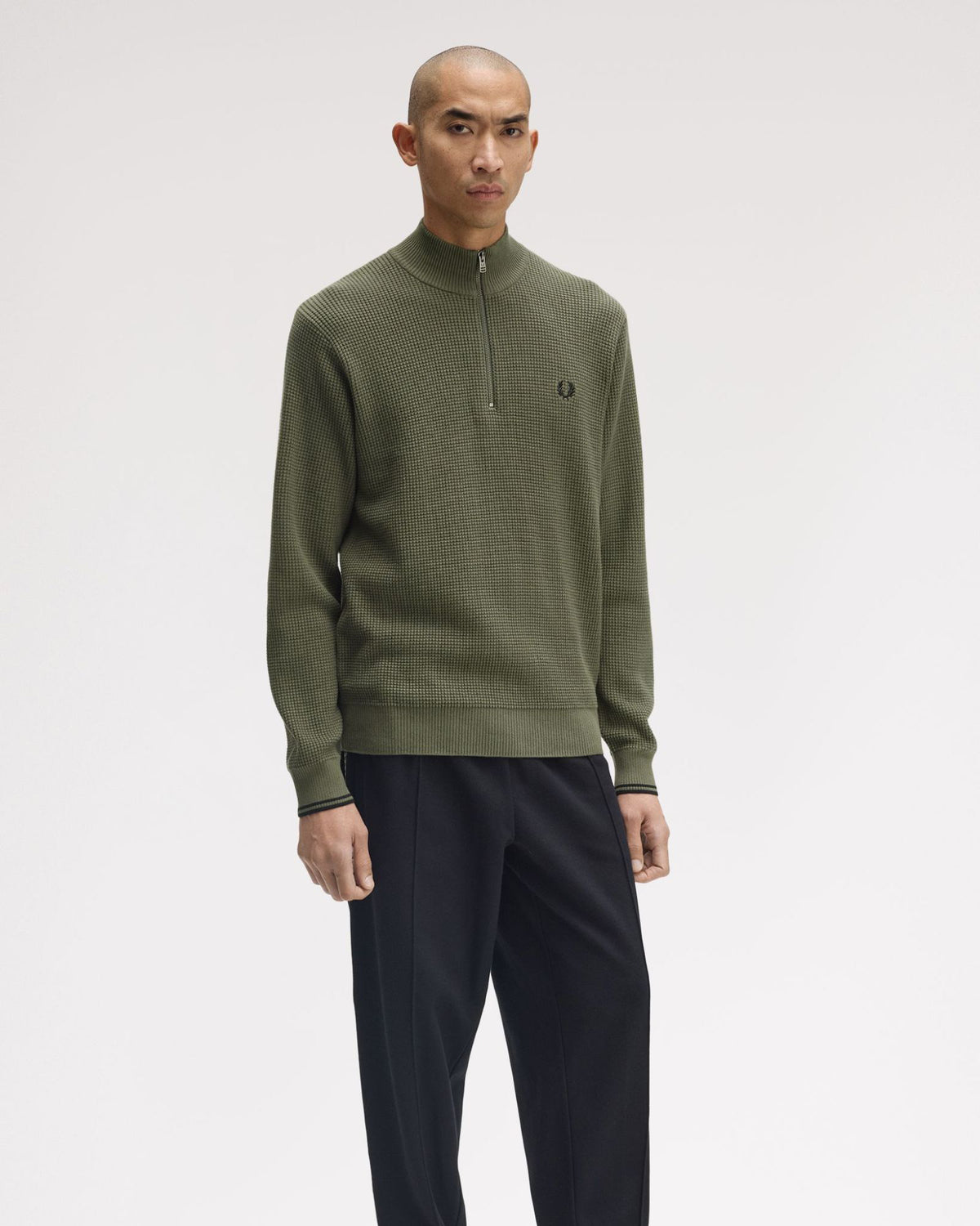 Fred Perry Waffle Stitch Half Zip Jumper - Laurel Wreath Green | Fred Perry Sweaters & Knitwear | JEANSTORE