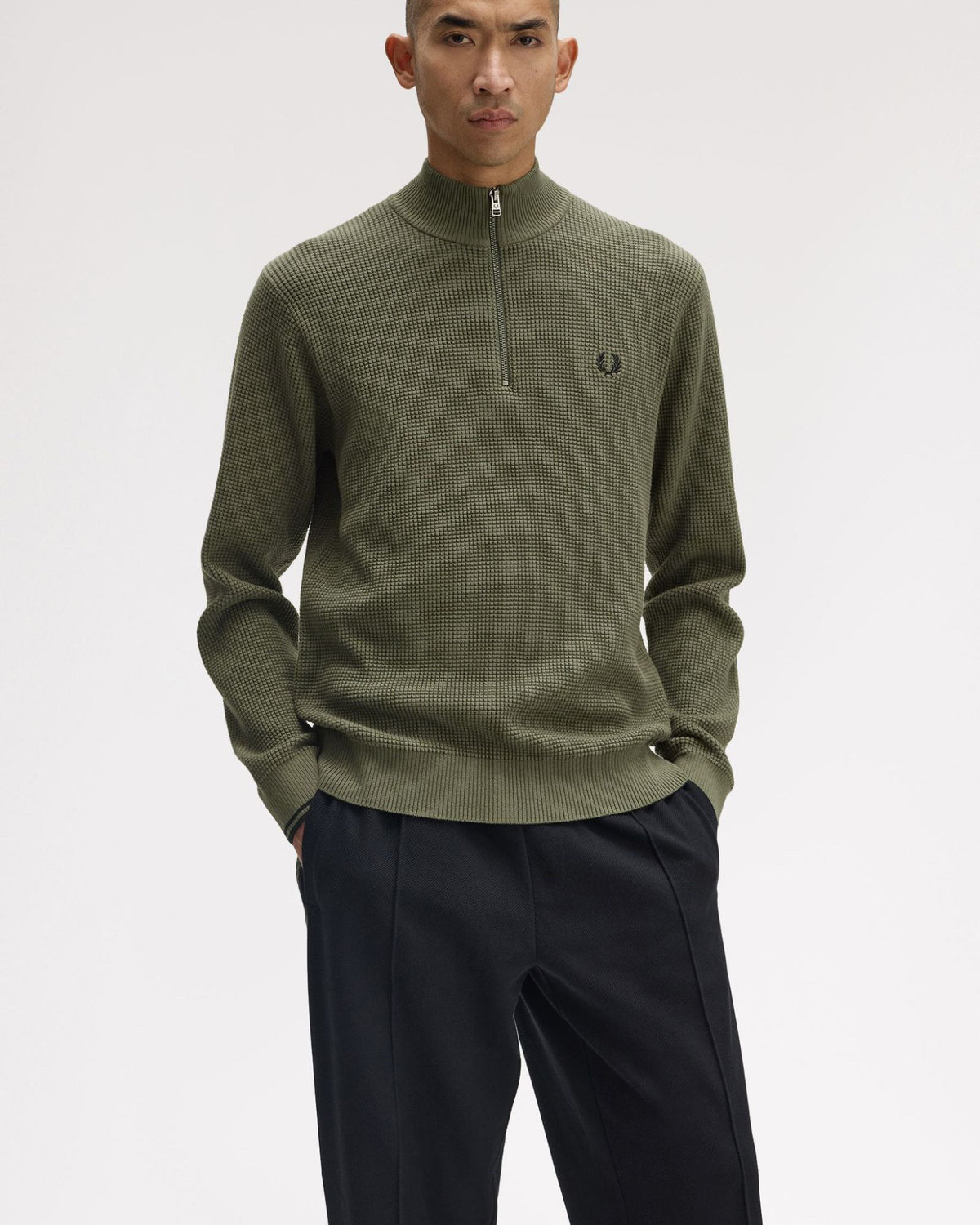 Fred Perry Waffle Stitch Half Zip Jumper - Laurel Wreath Green | Fred Perry Sweaters & Knitwear | JEANSTORE