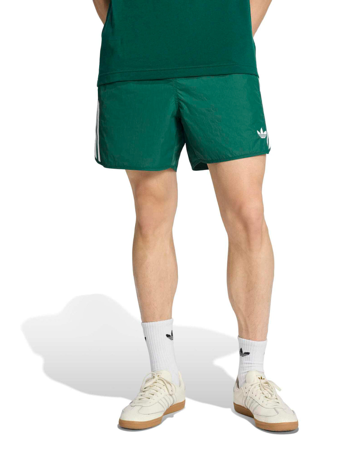 mens adidas sprinter shorts green worn by model full body view against white background