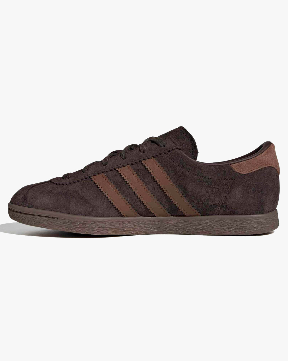 adidas stadt trainers brown leather upper and stripes at an angle